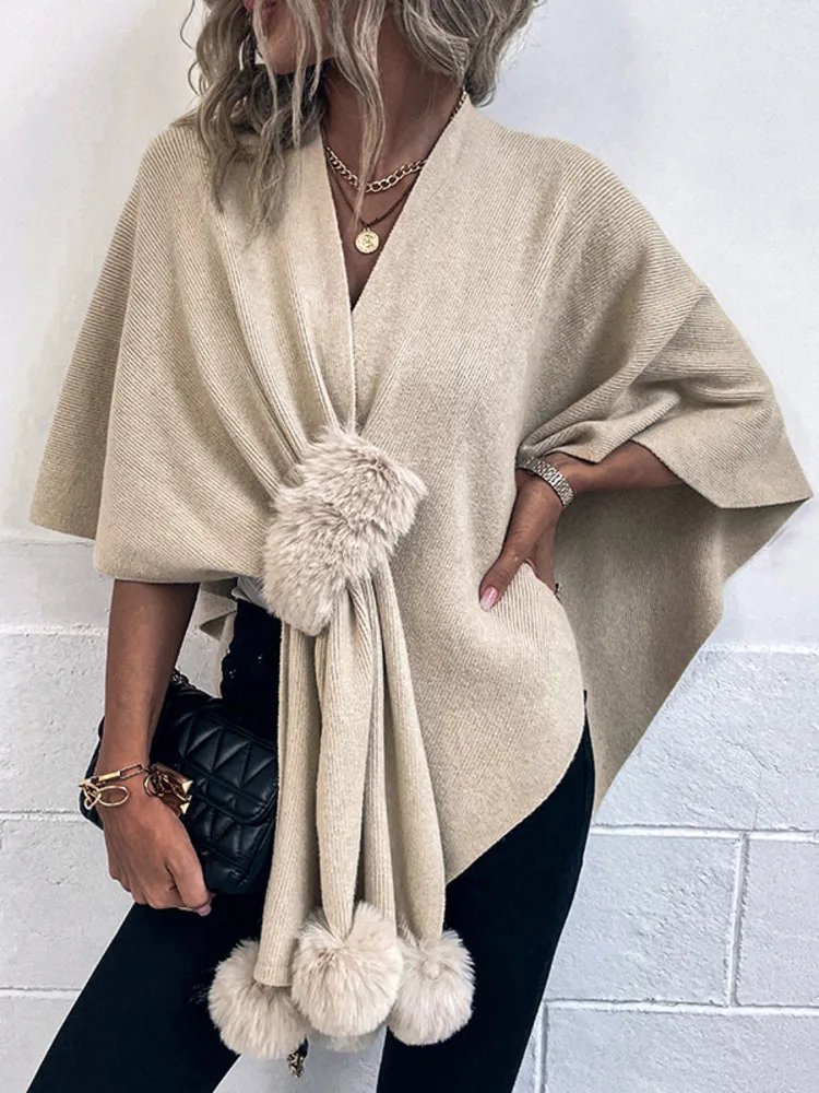 New 2024 Women\'s Hairball Patchwork Solid Color Shawl Cardigan Autumn Winter Poncho Batwing Sleeve Sweater Cape Coats