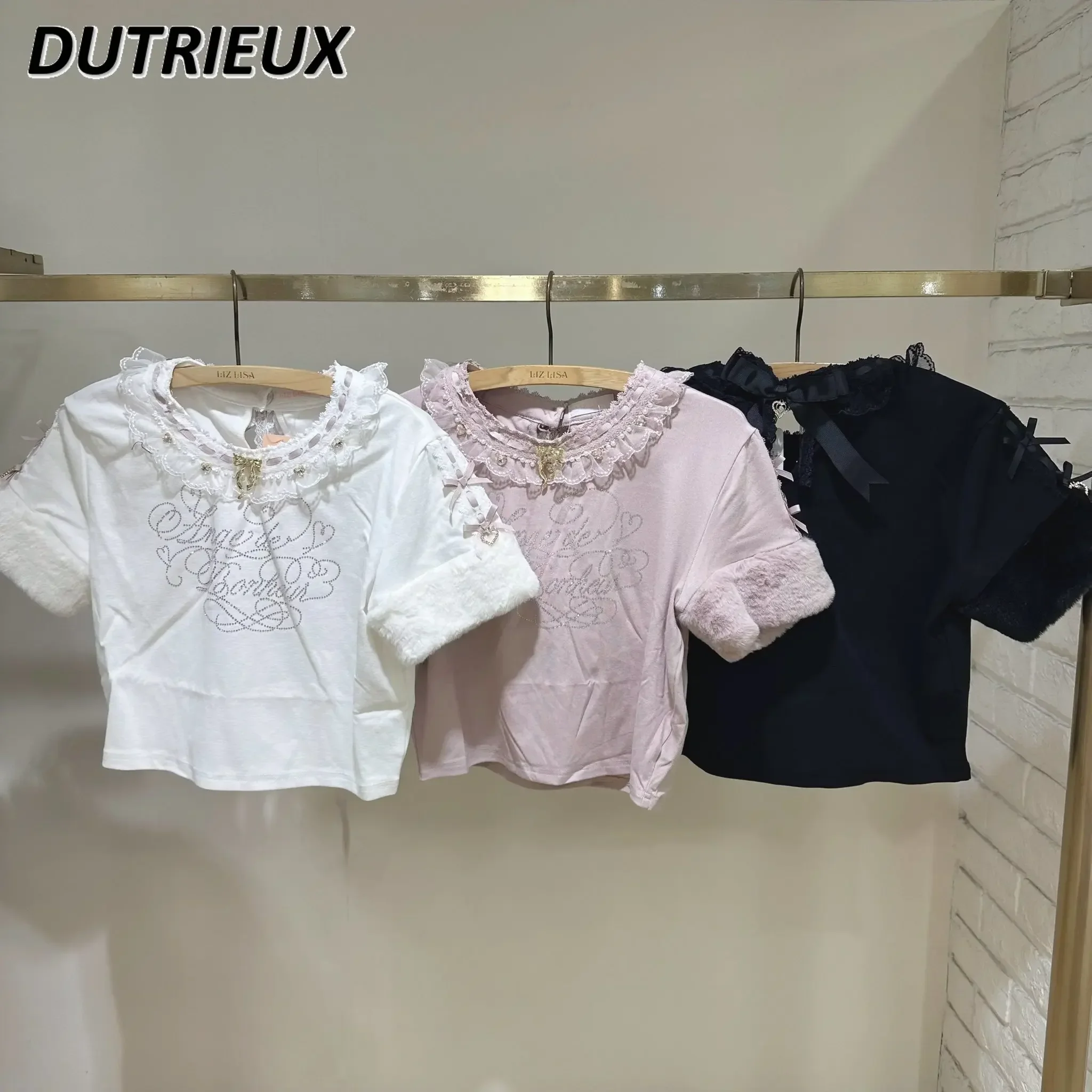 Japanese Style Women's Tops Summer Autumn Sweet and Cute Casual Tee Rhinestone Letter Bow Embroidered Short Sleeve T-shirt