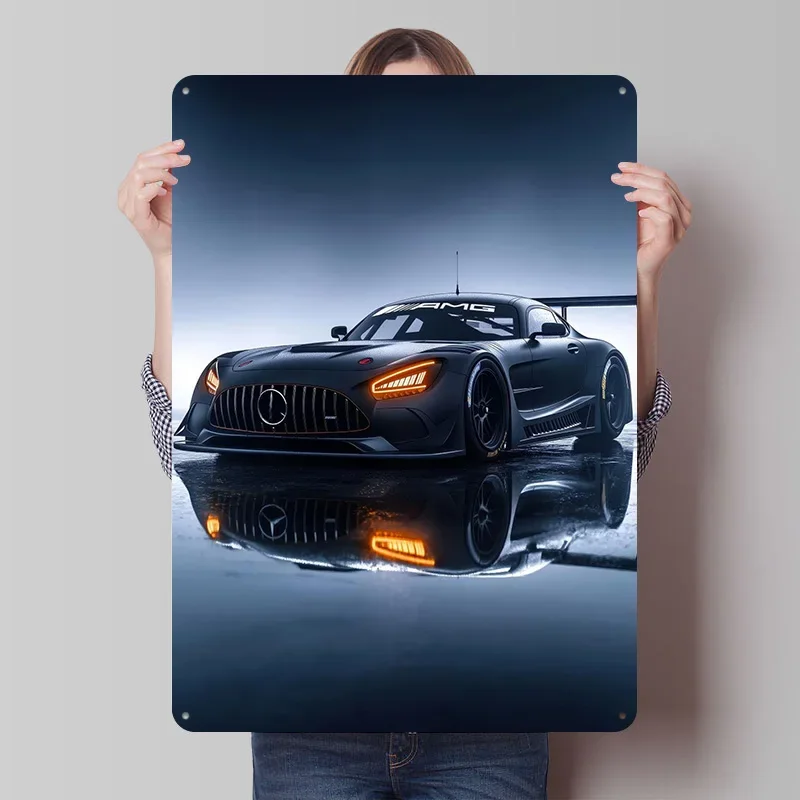 Black Sports Car Race Car Metal Poster Customized Wall Art Retro Vintage Tinplate Signs for Man Cave Gaming Room Decoration Cozy