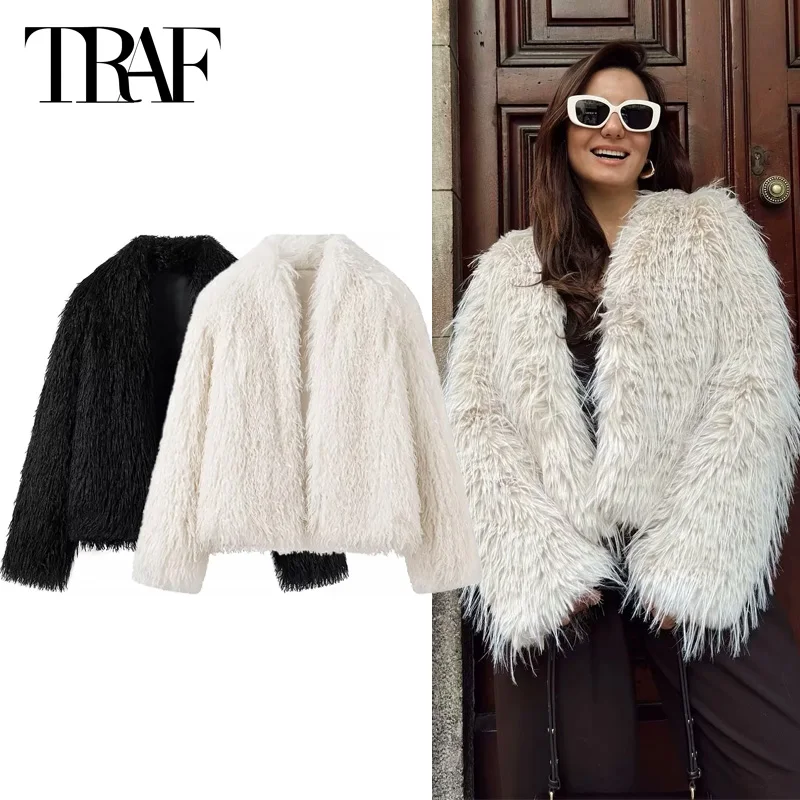 TRAF Cropped Faux Fur Coat 2024 Women's Large Size Warm Winter Short Jacket Elegant Long Sleeve Plush Parkas New In Outerwears