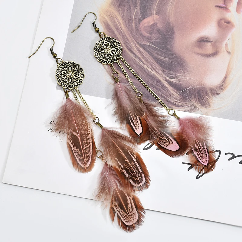 Pendientes de plumas bohemias para mujer, aretes largos, Vintage, Retro, étnico, hueco, geométrico, redondo, hecho a mano, joyería de fiesta India