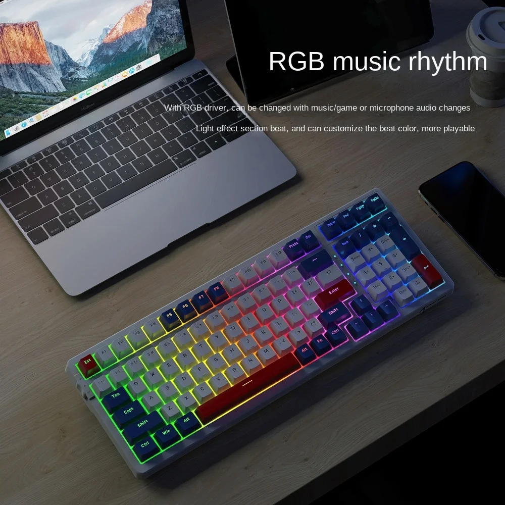 Imagem -06 - Ataque Tubarão K98 Teclado Mecânico sem Fio Coreano Tri-modo com Fio Rgb Hot-swappable 100 Teclas Ergonomia Personalizada Abs Keycap