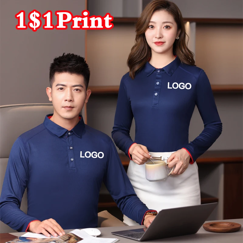 

Leisure long sleeved polo shirt with custom printed logo breathable and quick drying men's and women's work clothes embroidered