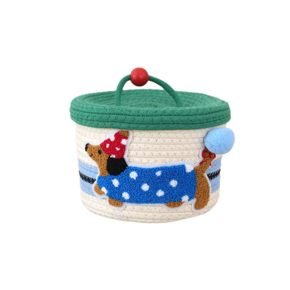 

Cartoon Cotton Rope Storage Basket Dachshund Pattern Round Hand Gift Box with Cover Decorative Snack Organizer Box