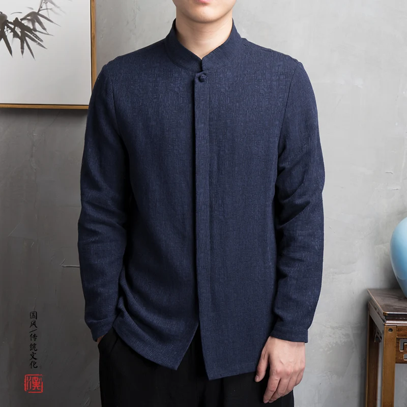 

Autumn Spring Chinese Sle irt Long Sve Stand Collar Casual Cotton Linen Button up Busin Leisure Tang Costume Men Retro