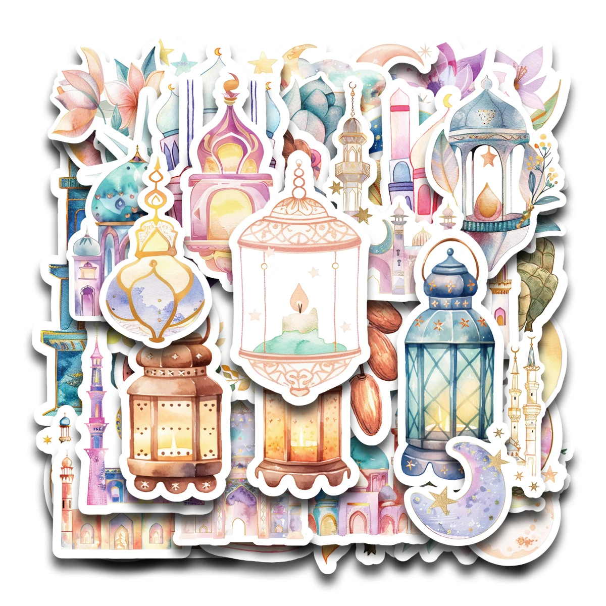 60 Stück-2 Blatt Ramadan Mubarak Aufkleber, Halbmond, Laternen-Design, islamisches Dekor-Etikett für Scrapbooking, Tagebuch, Laptop-Aufkleber