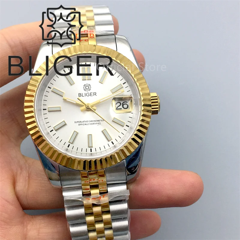 BLIGER 36mm/39mm Watch For Men NH35 Automatic White Dial Silver Gold Index Blue AR Coating Sapphire Glass Lens10Bar Waterproof