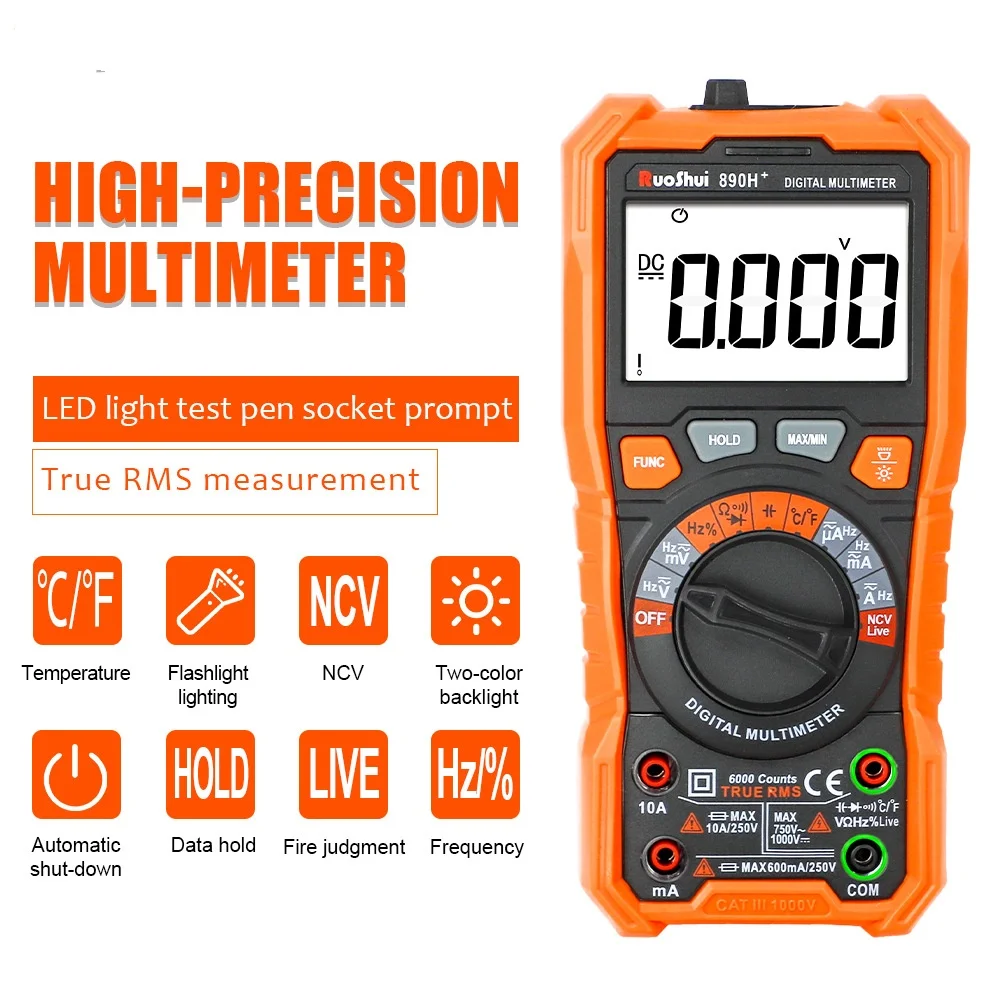 

Цифровой мультиметр 890H +, Профессиональный высокоточный вольтметр с автонастройкой диапазона, Бесконтактный индикатор напряжения, Гц, функция True RMS, переменный/постоянный ток, 6000 отсчетов