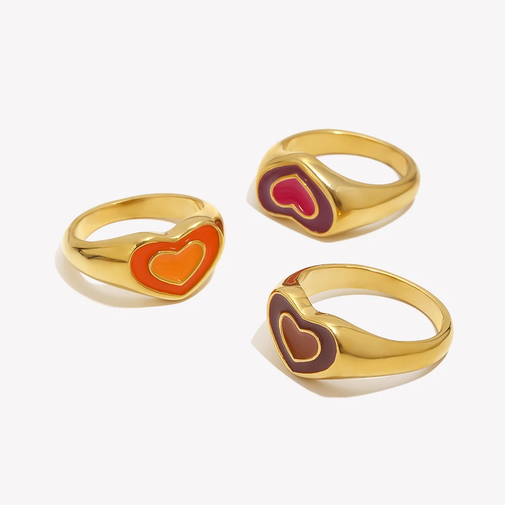E.B.belle Summer Latest Design Tarnish Free Cute Natural White Shell Enamel Red Black Stainless Steel Gold Heart Rings For Women