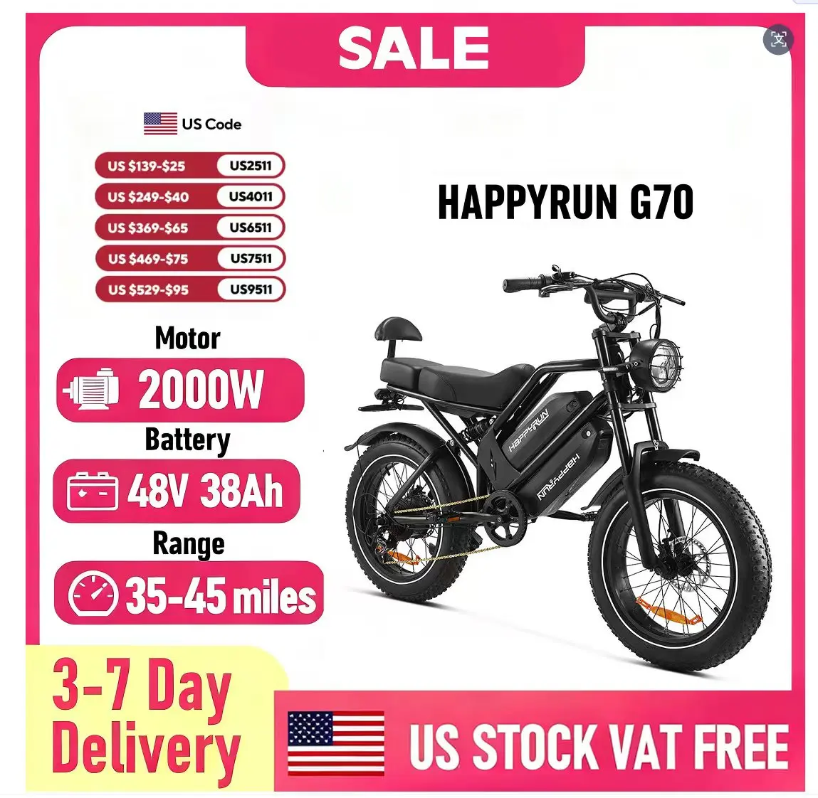 

HAPPYRUN G70 20" Electric Cargo Bike with Long Range 2000W Motor Dual 20Ah+18Ah Batteries