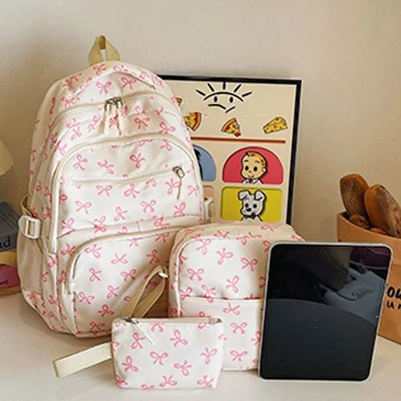 3pcs-set-cute-large-capacity-backpack-korean-fashion-bow-print-bag-nylon-bags-student-schoolbag-adjustable-strap-travel-backpack