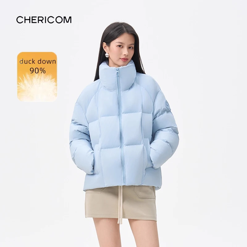 Chericom 여성용 다운 재킷 스탠드 칼라 드로스트링 밑단 사선 포켓 겨울 다운 코트 오리털 충전 패딩 코트 Y318110Y