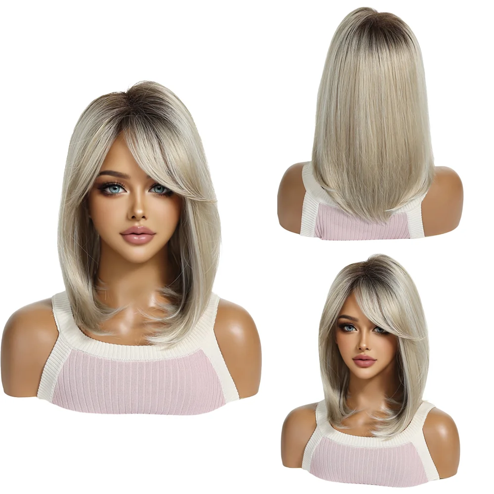 Ombre Platinum Blonde Shoulder Length Wigs For Women Layered Synthetic Hair Wig with Curtain Bangs Heat Resistant Daily Wear