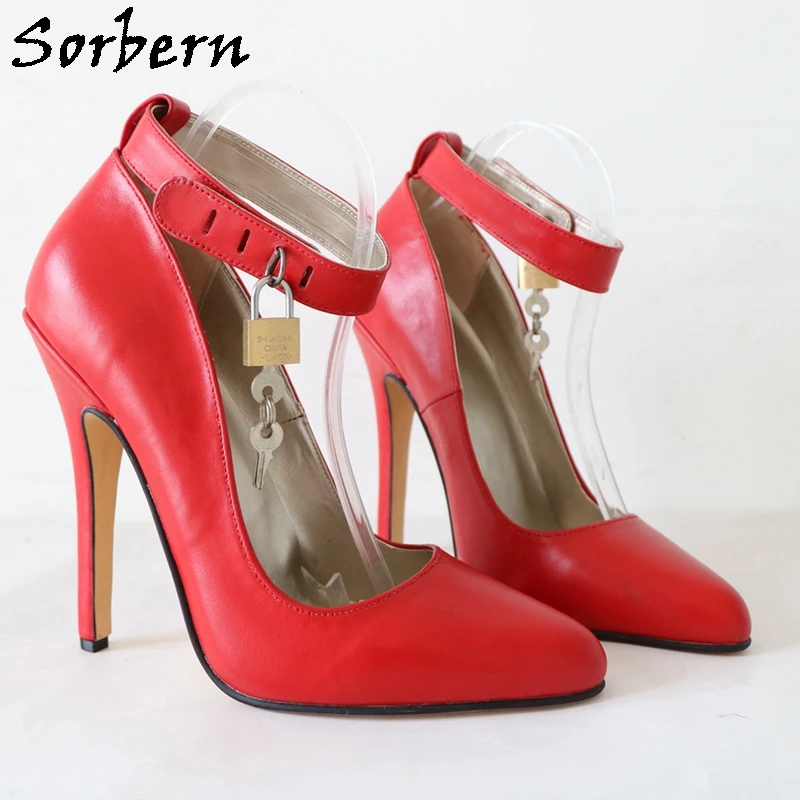 Sorbern 14Cm High Heel Women Pump Shoes Sissy Boy Ankle Straps With Lock Pointed Toe Real Leather Red Matt Evening Party Shoe