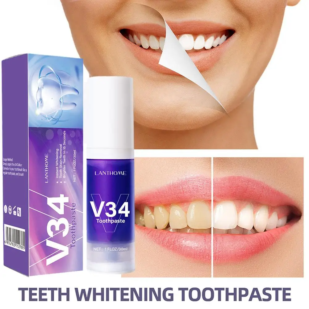 V34 Teeth Whitening Purple Toothpaste Remove Teeth Stain Fresh Whitening Breath Oral Corrector Brightening Care Color A8W3