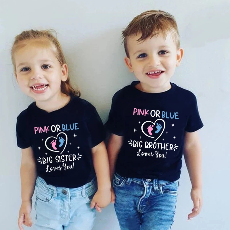 Pink Or Blue Daddy Mommy Brother Sister Loves You Funny Gender Reveal Party Shirts Cotton Baby Shower Tee Family Matching Outfit