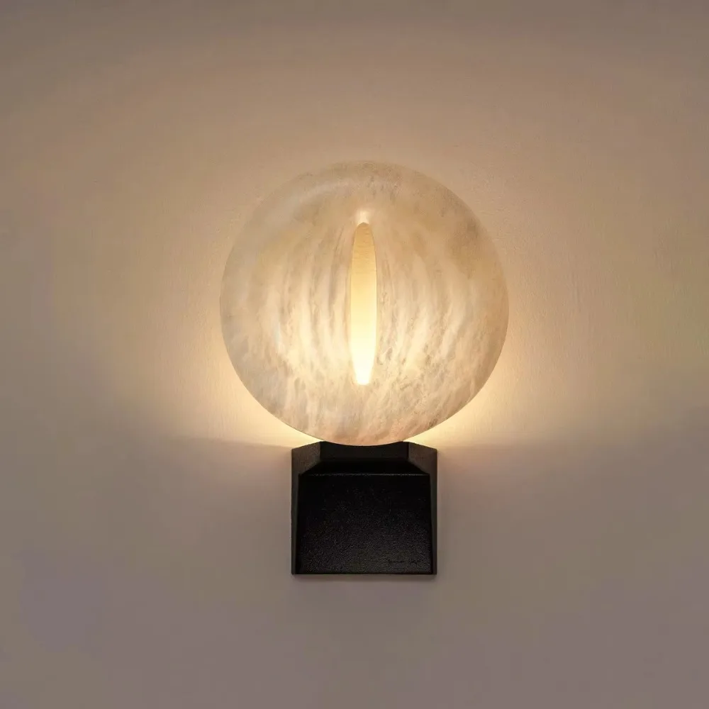 Vintage Italian style villa hotel creative black iron wall lamp, natural marble bedroom bedside wall lamp