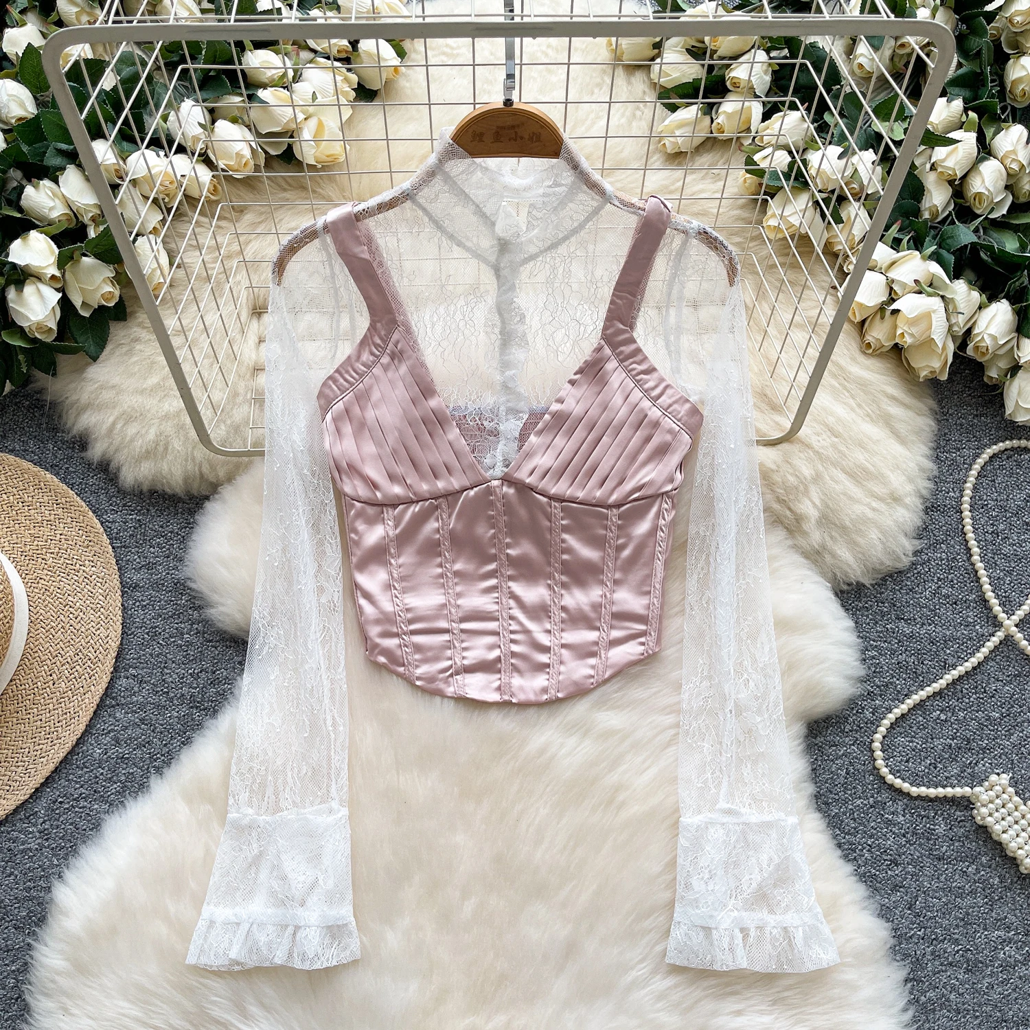 

Elegant Sexy see through satin long sleeve Top Women Korean Fashion High Street Autumn Clothing