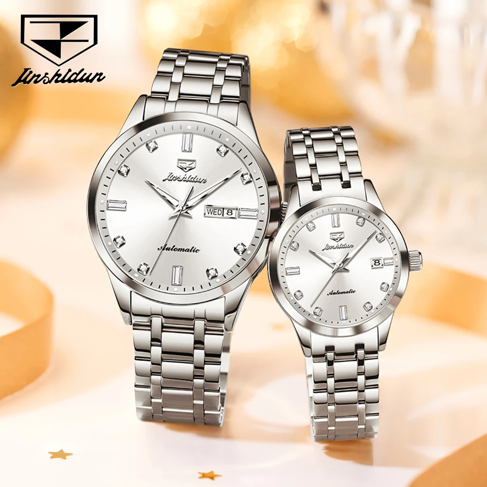 JSDUN 8841 Couple Watches for Men Women Stainless Steel Simple Luxury Dual Calendar Business Automatic Mechanical Wristwatches