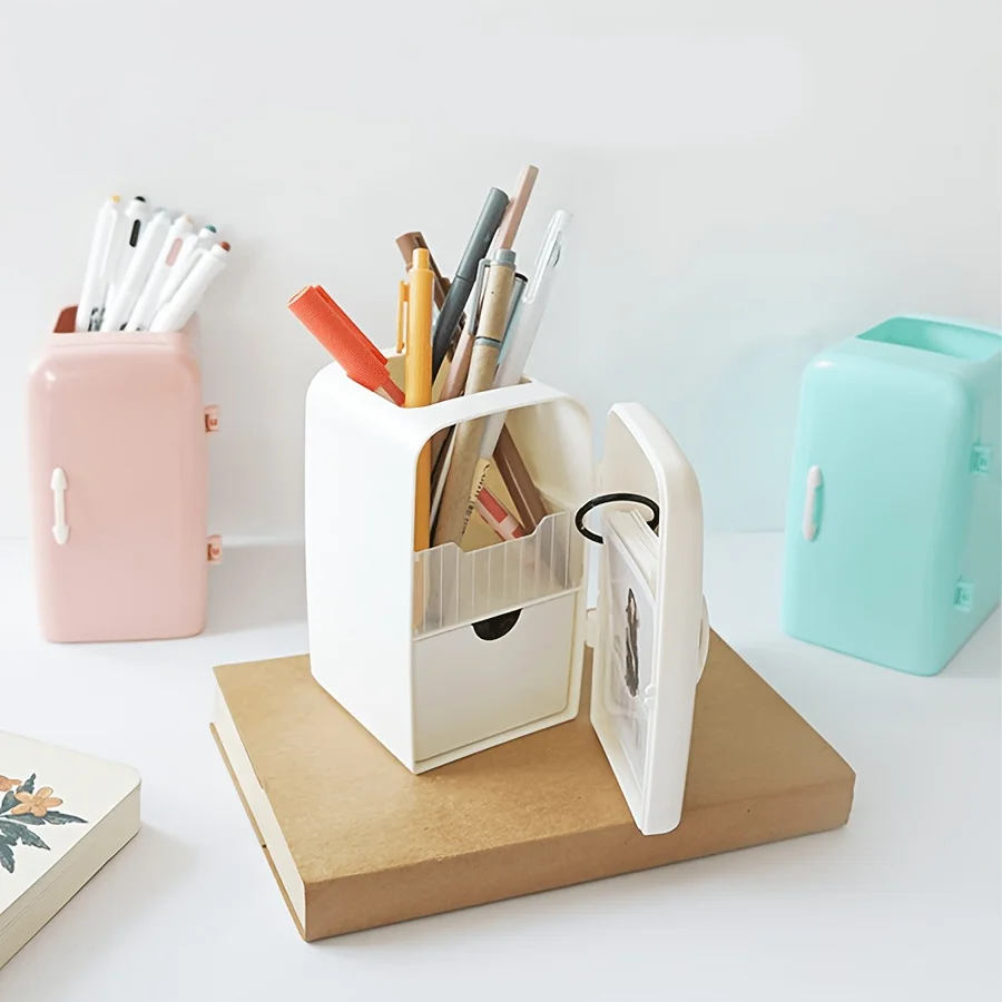Fridge‑Shaped Desk Organizer, Flip‑Top Lid & Drawer Pen Holder, Storage Box for School & Office Supplies