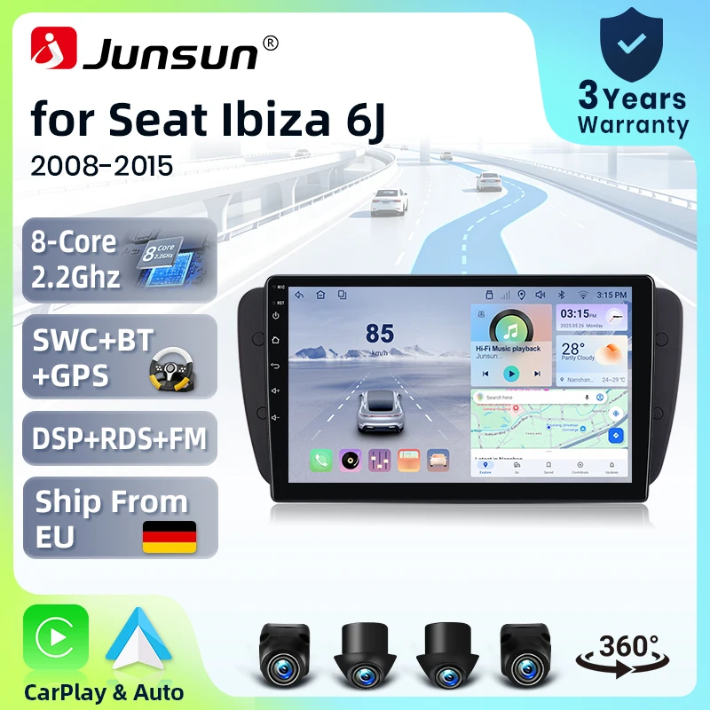 Autoradio Junsun 9 pouces pour Seat Ibiza MK4 6j 6P 2008-2017, système stéréo Android 15, caméra 360°, CarPlay sans fil, commande vocale AI, écran tactile IPS, lecteur vidéo multimédia intelligent, unité principale 2 Din, GPS, Mirror Link, Bluetooth automobile, RDS