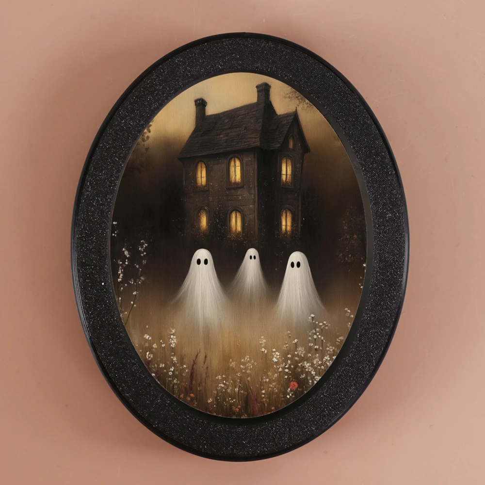 

Цельное овальное украшение в загадочном стиле на Хэллоуин, разработанное с иллюстрацией призрака, подходит для домашнего настенного дисплея, добавления