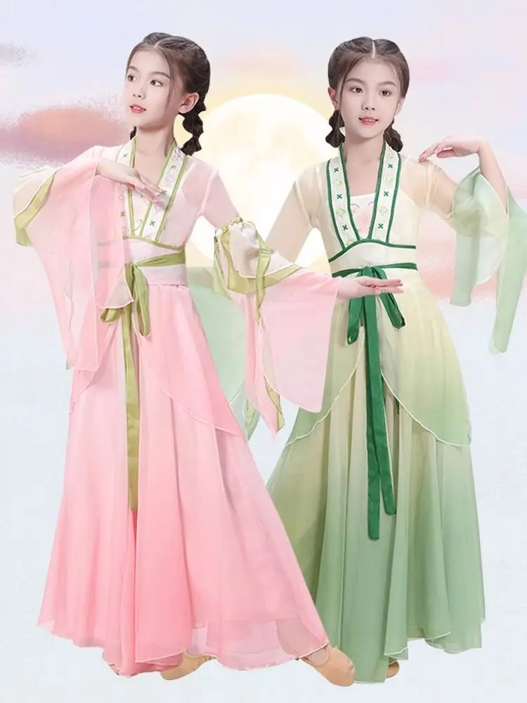 New Kids Chinese Dance Costume - Pink Flowy Hanfu Dress Long Sleeves Traditional Classical Dance Performance Outfit for Girls