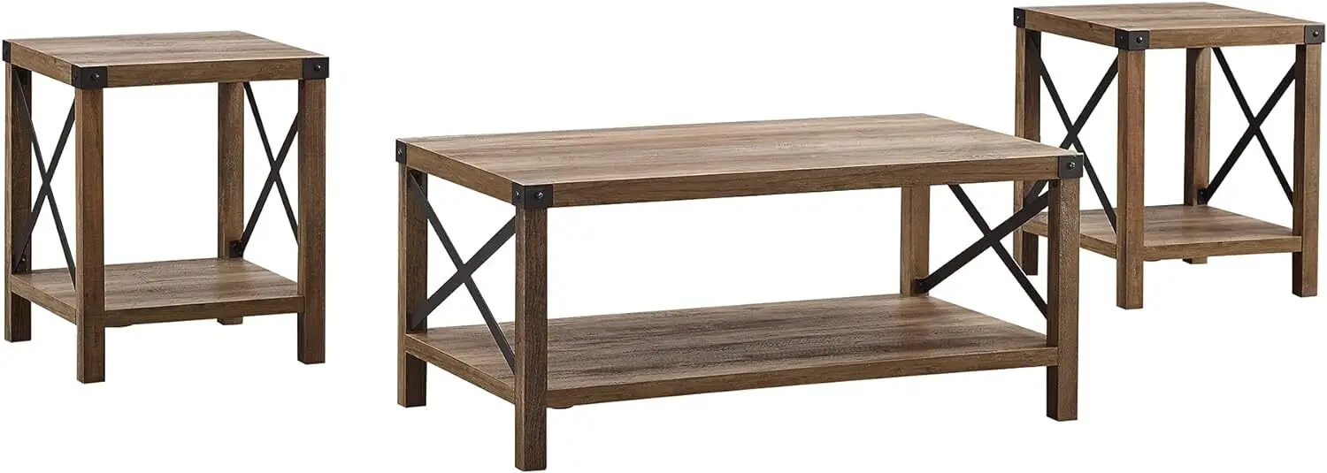 Sedalia Modern Farmhouse 3-Piece Metal-X Side and Coffee Table Set, 3 Pack, Rustic Oak