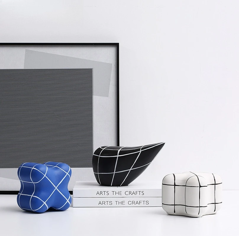 

Creative black, white and blue lines geometric ceramic small ornaments, Nordic home desktop decorations