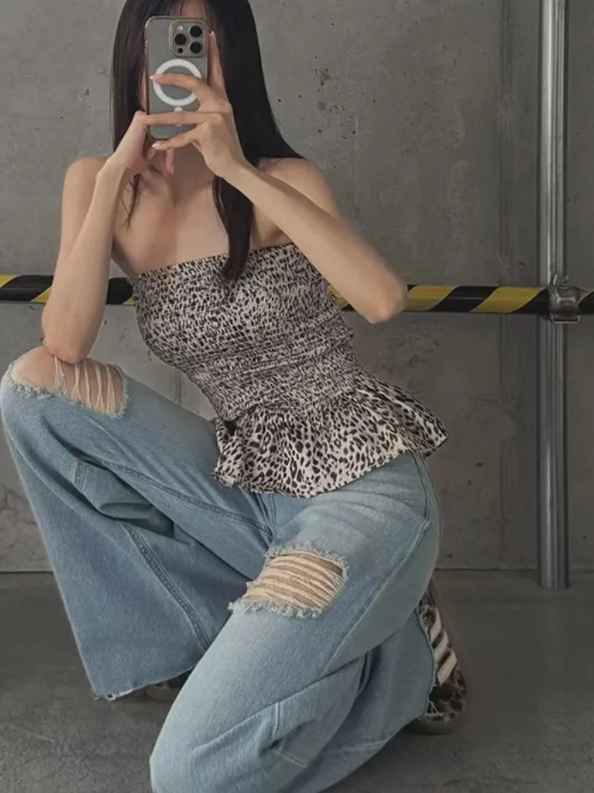 

Корейская майка с леопардовым принтом Sle Pure Desire, женская летняя верхняя одежда, плиссированный дизайн небольшого размера, эластичный утягивающий топ-труба