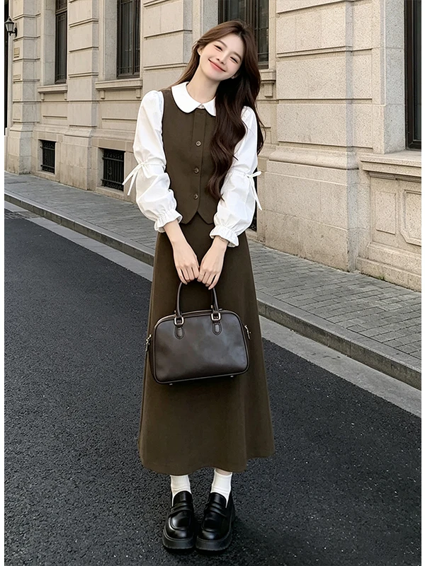 Korean Style Casual Slimming Set Women's 2026 Autumn New Vintage Elegance Vest Shirt Half Skirt Three Piece Set Fashionable E...