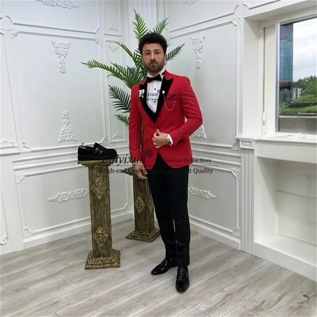 

Fashion Red Wedding Suits For Men Peaked Lapel Groom Tuxedos 3 Pieces Sets Business Male Blazers Slim terno masculinos completo