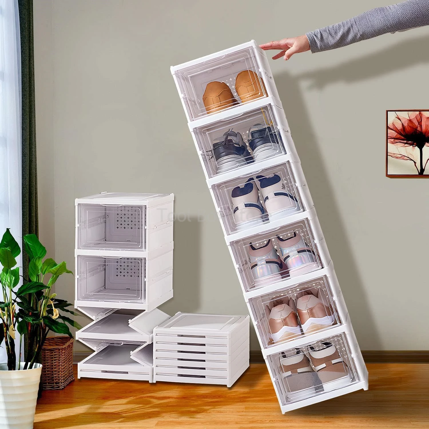 Stackable Shoe Rack Foldable Shoes Box Organizer Plastic Transparent Sneaker Storage Box Dustproof Shoes Cabinet Space Saving