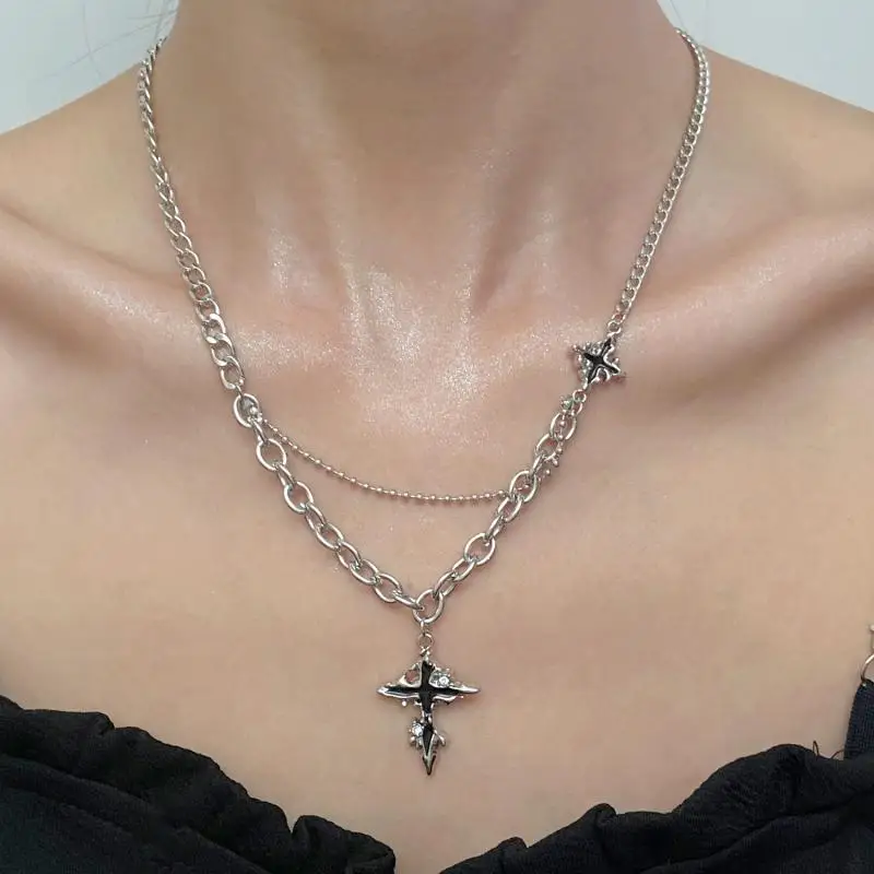 Vintage Unique Carved Fashion Black Cross Pendant Necklace for Women Men Antique Silver Color Jewelry Accessories Y2K Aesthetic