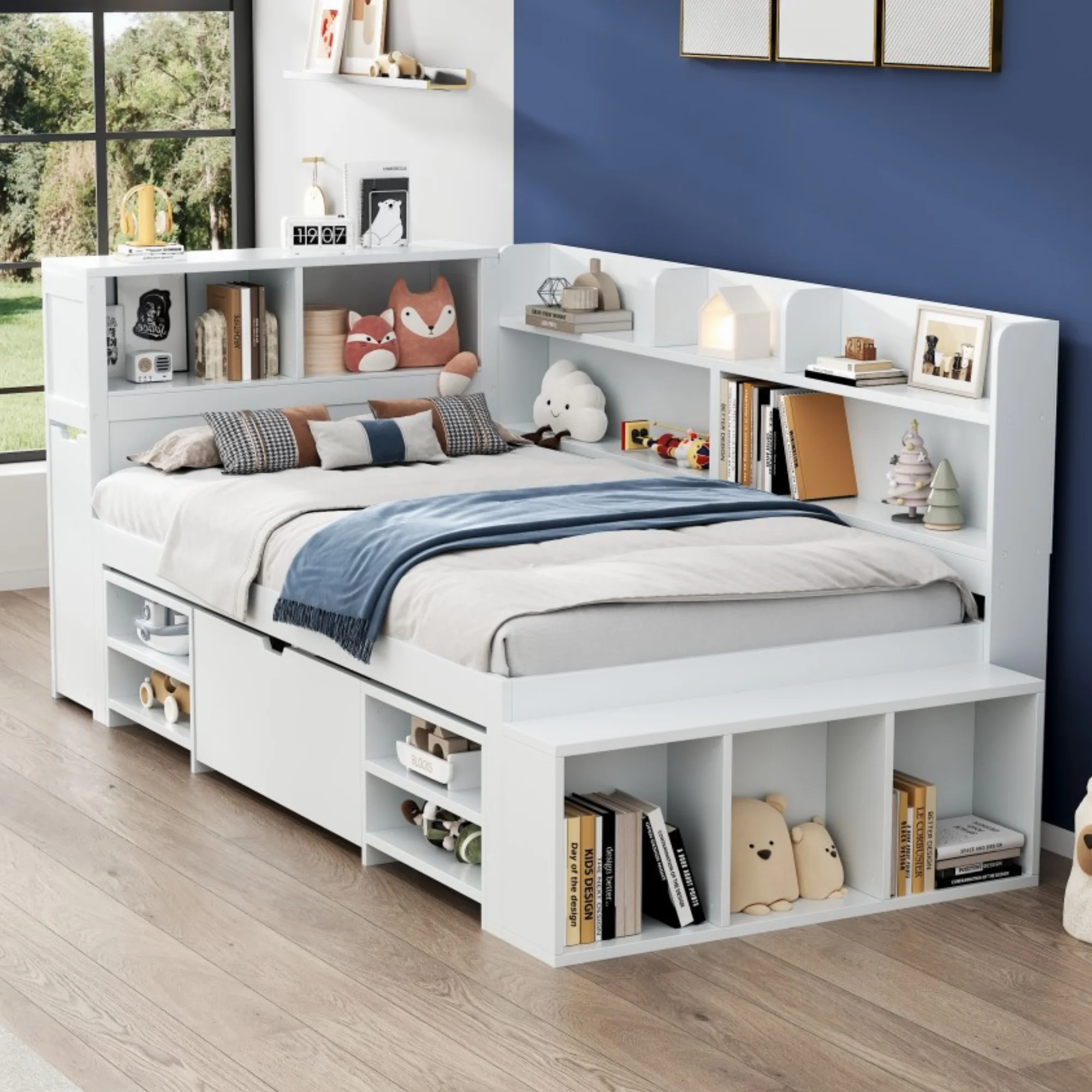 KOMHTOM Letto singolo multifunzionale bianco per bambini, con cassetti e ripiani, ampio spazio contenitivo incluso telaio a doghe senza materasso