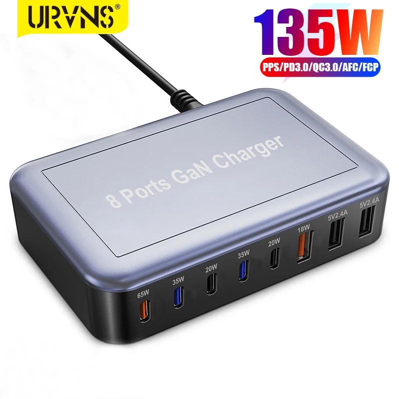 

URVNS GaN 135W Fast Charger 8-Port USB C Charging Power Station with 65W 35W PD3.0, 18W QC3.0 for MacBook Pro iPhone 14 Samsung