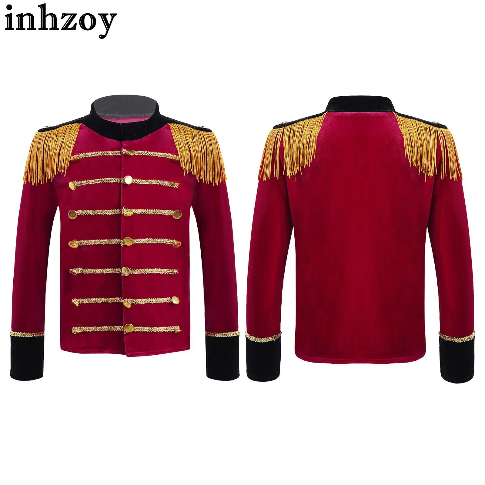 

Kids Boys Drum and Trumpet Team Honor Guard Uniform Tassels Gold Circus Ringmaster Velvet Jacket Halloween Performance Costume