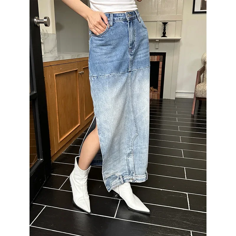 Pop Autumn/Winter New High-Waisted Slimming Denim Skirt Original Niche Design Cotton 13-Row Straight Delicate Shape Half-Length