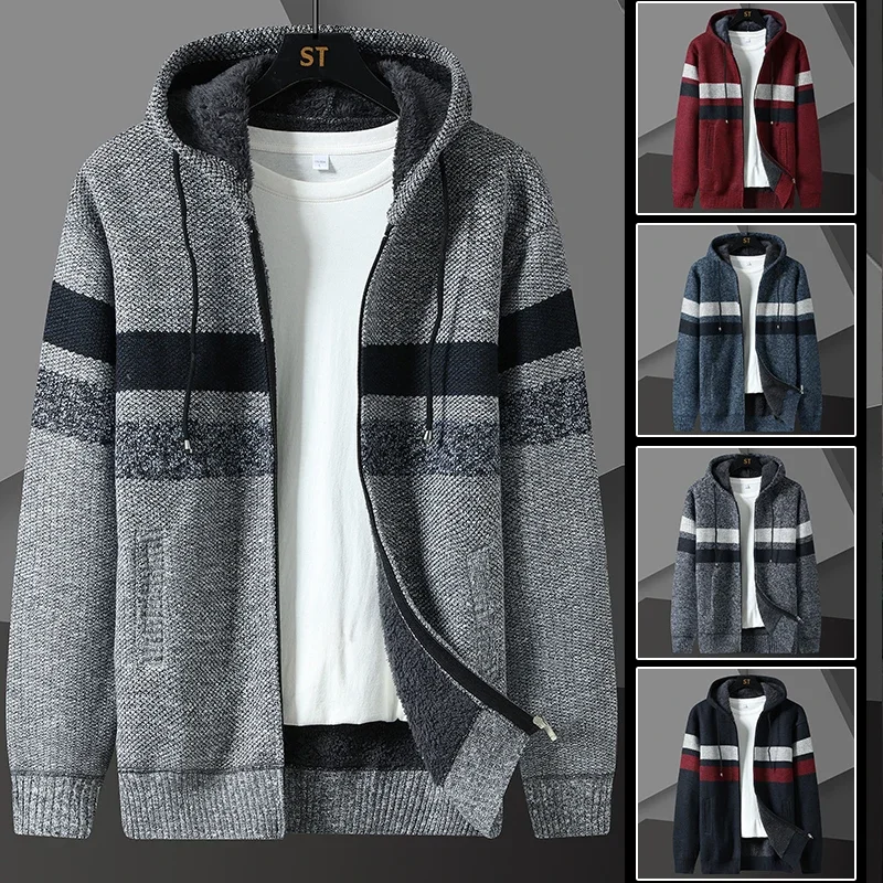 

Fashion Winter Casual Zipper Cardigan Mens Hooded Knitted Sweater Striped Jacket Korea Style Warm Hip Hop Cardigan Mens Coats