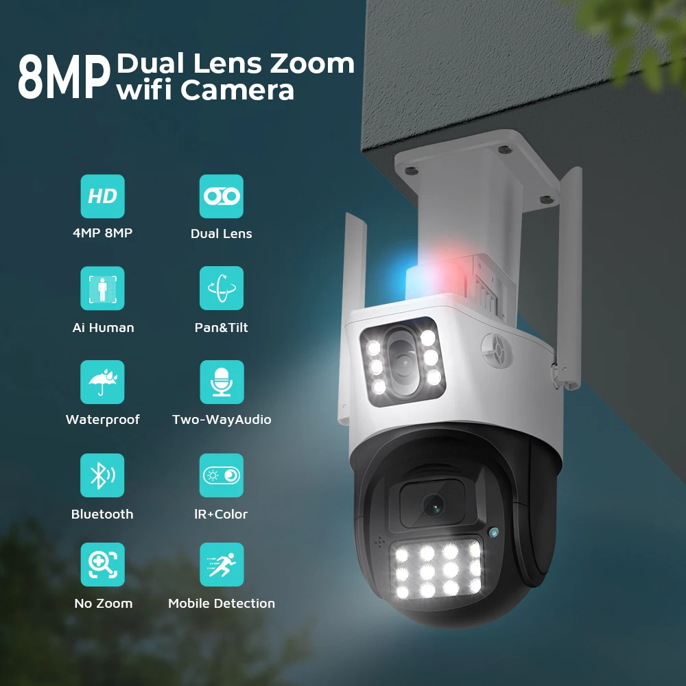 

WiFi 4MP Dual Lens Outdoor Camera 360° Pan Tilt Color Night Vision Siren Wireless Smart Home Security Surveillance