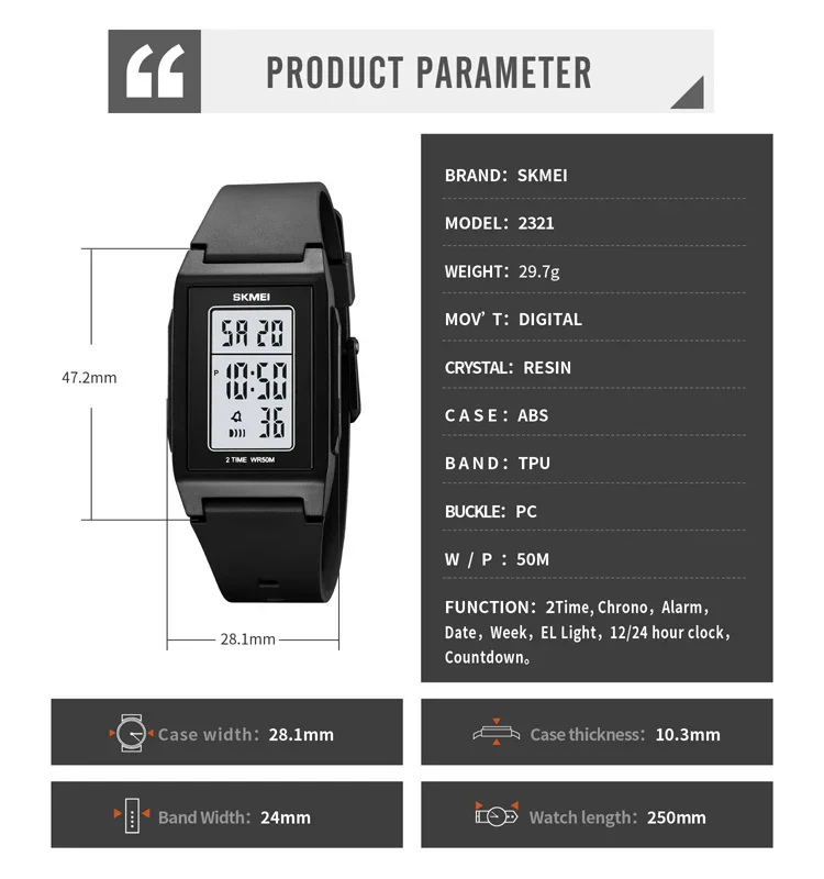 SKMEI 2321 Reloj Digital militar de lujo para Hombre, relojes de pulsera electrónicos impermeables deportivos para Hombre, alarma cronómica 1988, Reloj para Hombre