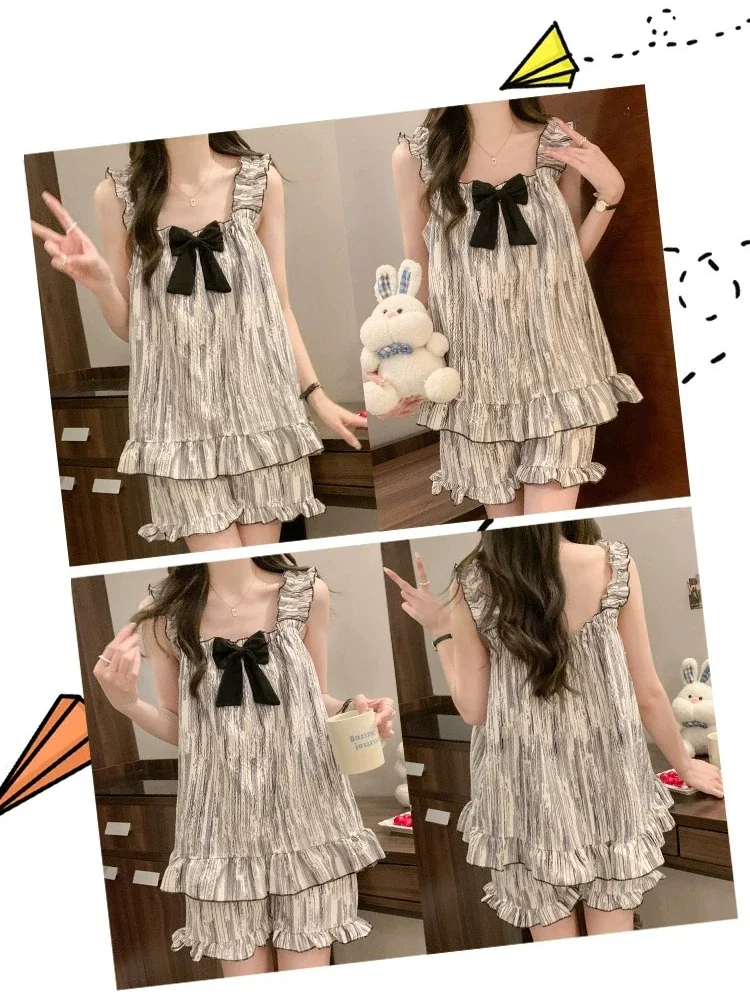 2XL Large Size Pajamas with Chest Pads Women Summer Wrinkled Cloth Suspenders Loungewear Two-piece Set Sweet Loose Home Clothes