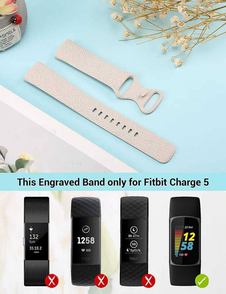 TOYOUTHS Floral Engraved Band for Fitbit Charge 6/Fitbit Charge 5 Boho Flower Fancy Silicone Sport Solo Loop Strap for Charge 5