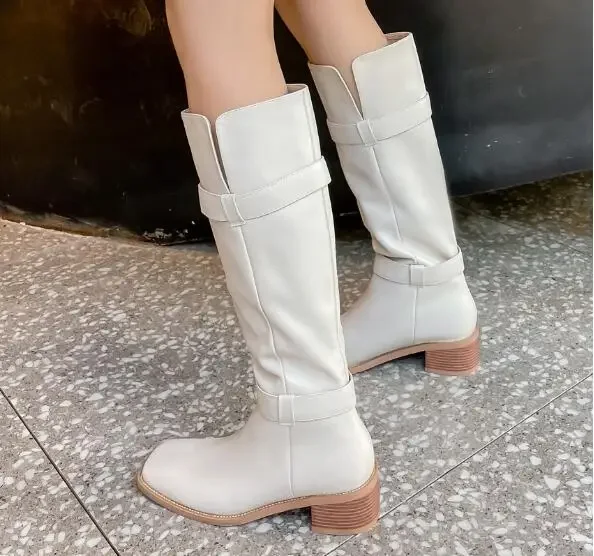 

Drop Shipping White Khaki Black Solid Color V Open Knee High Boots Woman 45 Mm Heels Square Toe Warming Leisure Long Botas Shoes