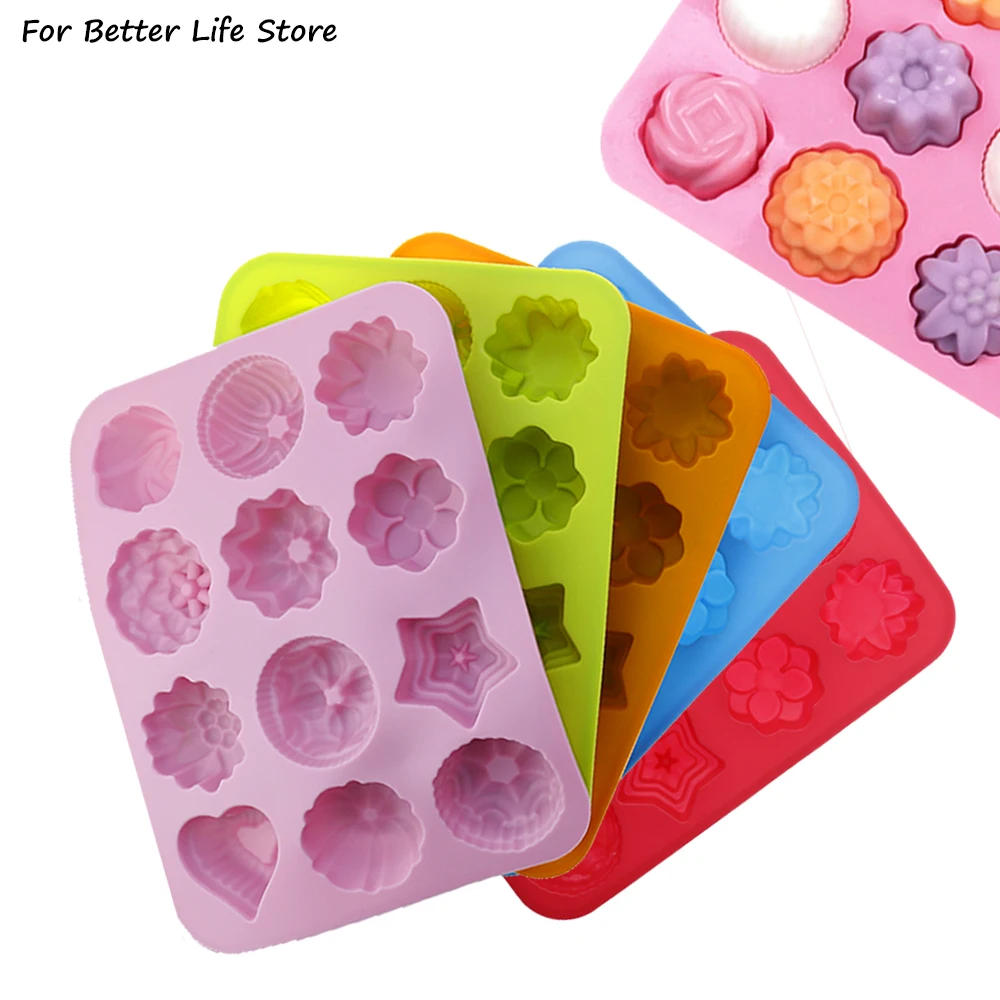 

1Pcs 5 Colour Soft Silicon 12 Flowers Mold DIY Kitchen Form For Muffin Silikon Bakeware Rubber Baking Mould Chocolate Food Grade