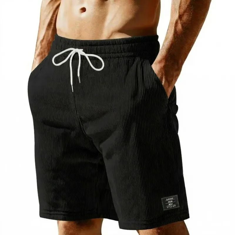 

Men's Corduroy Casual Shorts Elastic Waist Drawstring Pocketed Straight Leg Shorts for Daily Wear