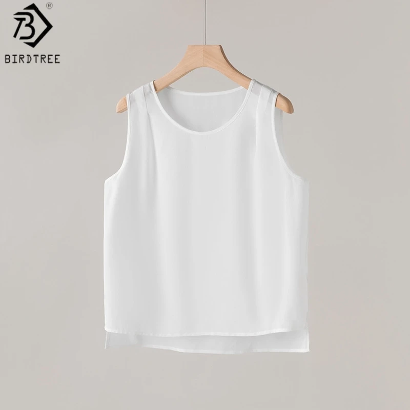 

Женские топы Birdtree из 100% натурального шелка, однотонные, без рукавов, базовые, с круглым вырезом, свободные, из двойного крепа, весна 2026, новинка T61535JF