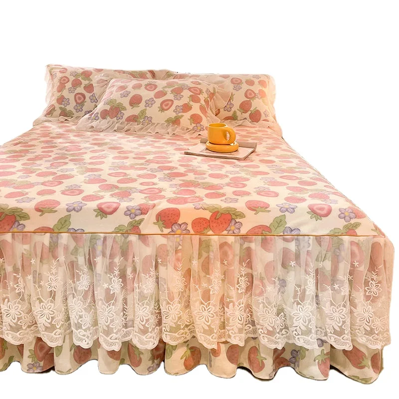 

American style Floral waterproof embroid Flannel Fleece Bed Sheet Bed Skirts set