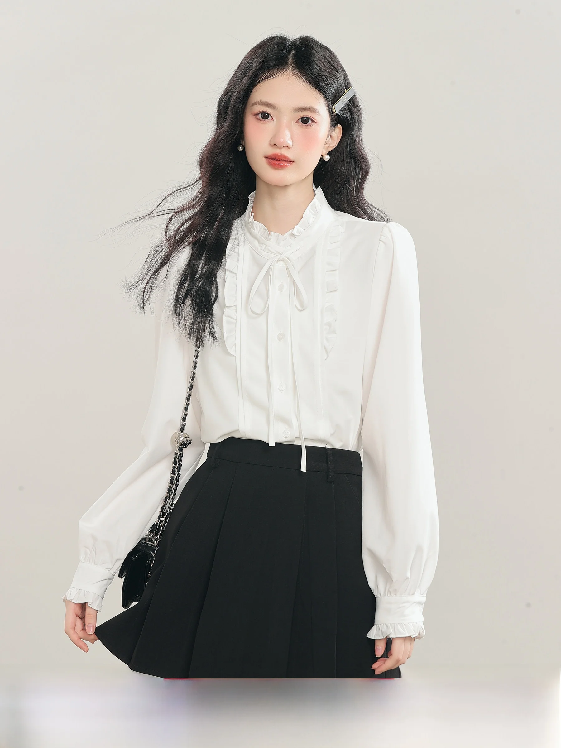 

Lingjiu 2025 New Style White Casual Shirt Women's Spring Autumn Commute Bitter Peach Leaf Collar Tie Sweet Style Polyester Fiber