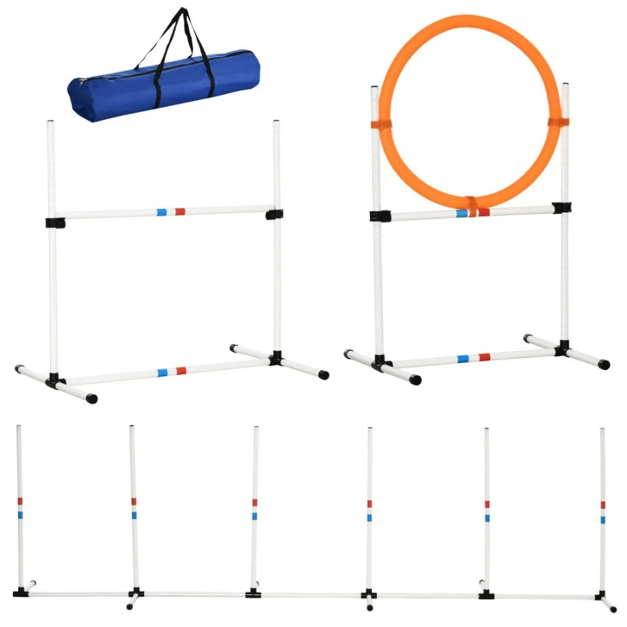 

PawHut 3PC Dog Agility Equipment Set Obstacle Course Exercise for Dog Include Adjustable Hurdle Hoop Weave Poles and Carry Bag